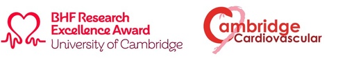 A red image of the BHF Research Exellence Award, University of Cambridge and the red Cambridge Cardiovascular image