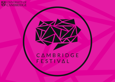 a logo for the Cambridge Festival, a black logo on a purple background 